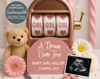 Slot Machine Gender Reveal: It&#39;s a Girl Announcement (Digital Canva Template)