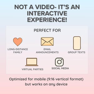 Peut inclure: Un graphique informatif avec le texte NOT A VIDEO- IT'S AN INTERACTIVE EXPERIENCE! et PERFECT FOR. Des ic&ocirc;nes repr&eacute;sentent la famille &eacute;loign&eacute;e, les e-mails, les SMS de groupe, les f&ecirc;tes virtuelles et les r&eacute;seaux sociaux. Optimis&eacute; pour mobile.