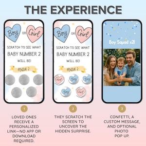 Peut inclure: Trois smartphones affichent un jeu num&eacute;rique de r&eacute;v&eacute;lation de genre. Les &eacute;crans pr&eacute;sentent des c&oelig;urs bleus et roses avec le texte Boy or Girl, Scratch to see what baby number 2 will be, et Match 3. Des cercles &agrave; gratter argent&eacute;s r&eacute;v&egrave;lent des ic&ocirc;nes.