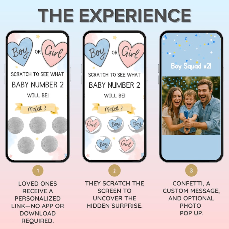 Peut inclure: Trois smartphones affichent un jeu num&eacute;rique de r&eacute;v&eacute;lation de genre. Les &eacute;crans pr&eacute;sentent des c&oelig;urs bleus et roses avec le texte Boy or Girl, Scratch to see what baby number 2 will be, et Match 3. Des cercles &agrave; gratter argent&eacute;s r&eacute;v&egrave;lent des ic&ocirc;nes.