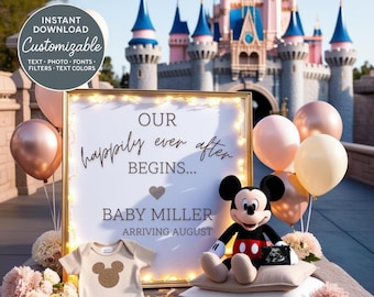 Anúncio de gravidez com tema Disney – Modelo editável do Canva, download digital de revelação do bebê