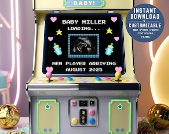 Anuncio de embarazo de arcade retro / Plantilla editable de Canva / Carga de nuevo jugador / Descarga digital