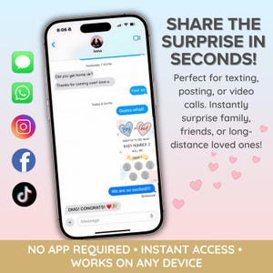 Peut inclure: Un &eacute;cran de smartphone affichant une conversation par SMS. Le message inclut un graphique de carte &agrave; gratter num&eacute;rique avec le texte Boy or Girl, Scratch to see what baby number 2 will be, et cinq cercles &agrave; gratter gris. Des ic&ocirc;nes d'applications apparaissent &agrave; gauche.