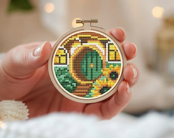 Little door with garden cross Stitch Pattern Mini cross stitch patterns house Mountains & River Embroidery PDF