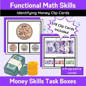 Funktionale Numerics Kanadische Geldidentifikations-Clipkarten Aufgabenbox-Aktivitäten für Autismus, Sonderpädagogik und K-2 Mathe-Klassenzimmer