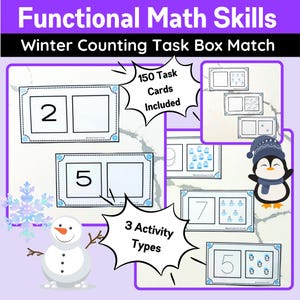 May include: A set of 150 winter-themed counting task cards for children. The cards feature a penguin, snowman, and snowflakes. The text on the cards reads "150 Task Cards Included" and "3 Activity Types".