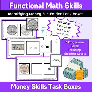 Amerikanische Geldidentifikation Aufgabenkästen: Sonderpädagogik Mathe (Digitaler Download)