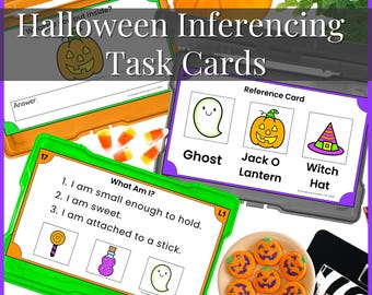 Halloween reading wh questions inference task cards | 1st 2nd grade inferencing with reference cards special education (Digital Download)