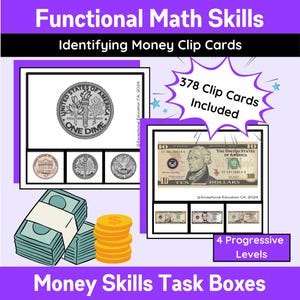May include: A set of 378 clip cards for teaching functional math skills, including identifying US coins and bills. The cards are divided into 4 progressive levels. The image shows a dime, a ten dollar bill, and stacks of money.