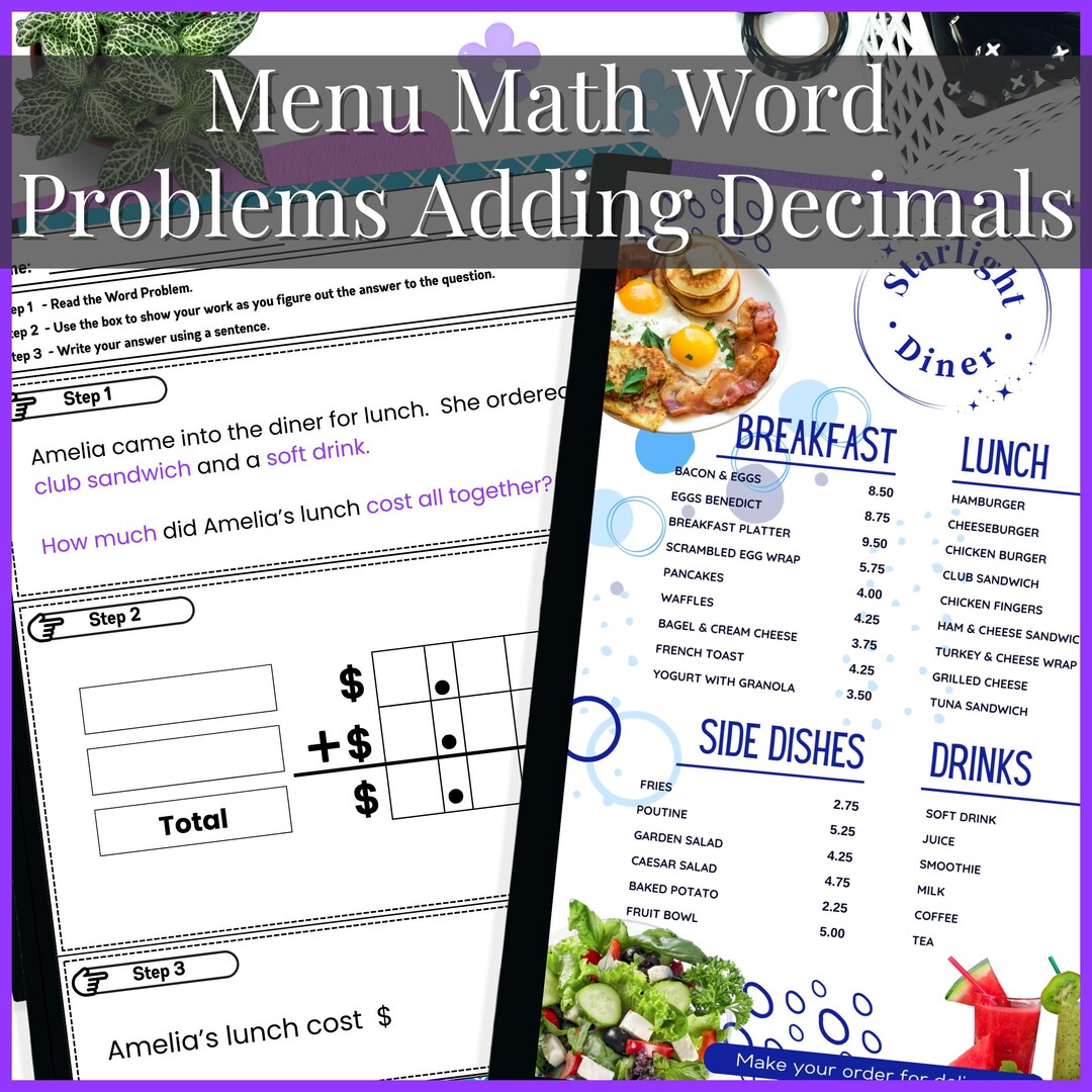 Menu Math Adding Decimals Word Problems Worksheets | Money Life Skills ...