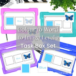 May include: A set of four task boxes in pink, teal, purple, and blue. Each box contains a card with a blue square, the word "Blue", and a butterfly image. The text "Colour to Word to Image Level 2 Task Box Set" is also visible.