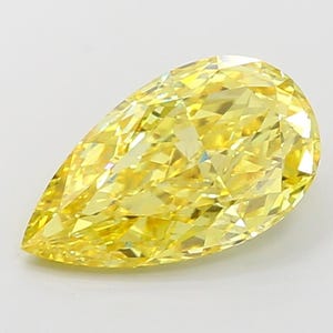 May include: A pear-shaped yellow diamond gemstone with a brilliant cut.