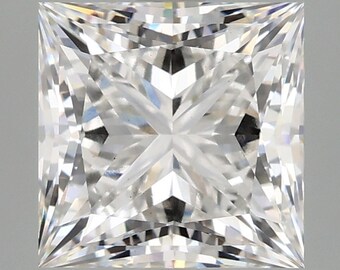 May include: A clear, square-shaped diamond with a brilliant cut. The diamond is faceted and reflects light.
