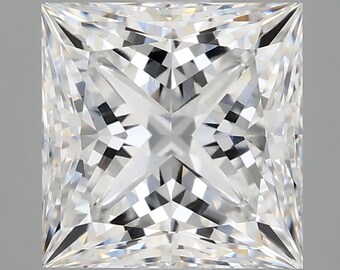 May include: A clear, square-shaped diamond with a brilliant cut. The diamond is faceted and reflects light.