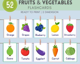 52 Fruits & Vegetables Flashcards Printable – Montessori Educational Cards, Real Pictures, Pre-School Learning, Instant Download