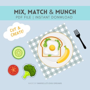 Op de afbeelding: Een digitale illustratie met een ontbijtthema. Een bord met een gebakken ei op toast en een banaan ligt op een geruite servet. Schijfjes komkommer, tomaat en broccoli zijn ook afgebeeld. De tekst luidt "Mix, Match & Munch" en "Cut & Create!"