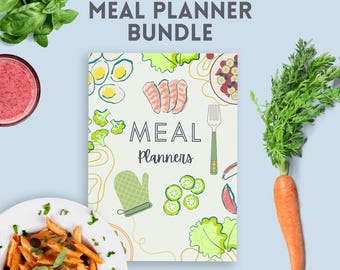 Planificador de comidas imprimible: diario de comidas semanal, registro de comidas y diario de alimentos, planificación y preparación de menús, lista de compras, páginas de recetas, registro diario de alimentos.