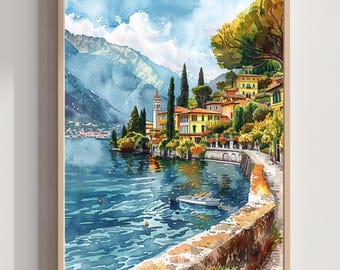 Impresión en acuarela del lago de Como, Italia: póster de viaje