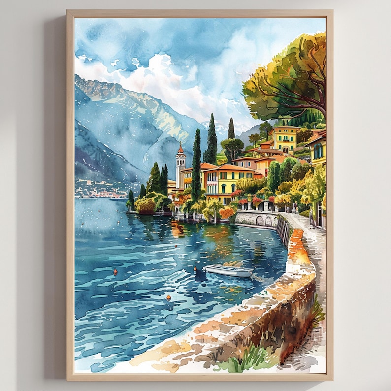 Lake Como Italy Watercolor Travel Print Italy Wall Hanging Décor European Italian Home & Office Poster  Art Lovers Gift Lake Como Italy Art. Immerse yourself in the beauty of Lake Como, Italy, Europe, with our meticulously crafted borderless wall art poster print. This watercolor illustration captures the essence of this iconic Italian  destination country, allowing you to relive cherished vacation travel memories every day. Perfect for home or office décor, or as a gift to an art lover.