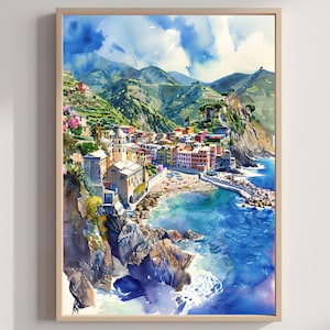 May include: Watercolour painting of a coastal Italian village. The artwork shows colourful buildings along a shoreline with a pier, rocky cliffs, and mountains in the background. The sea is a vibrant blue, and the sky is partly cloudy.