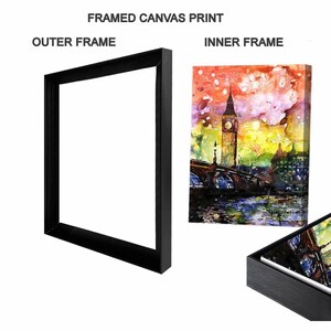 Puede incluir: Una impresi&oacute;n en lienzo enmarcada con un marco exterior negro. El marco interior muestra una pintura de acuarela de la torre del reloj del Big Ben y el puente de Westminster, con colores vibrantes.