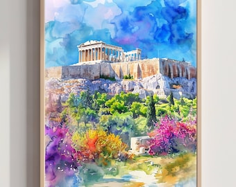 Acropolis Athens Greece Europe Watercolor Print: Greek Travel Art Poster
