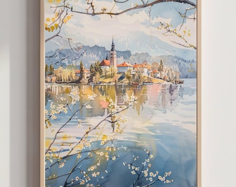 Lake Bled Slovenia Watercolor Print: Europe Travel Art Poster