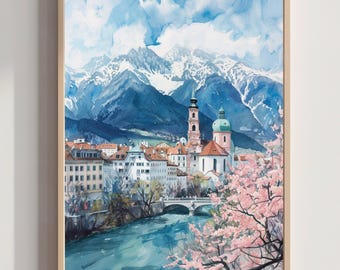 Innsbruck Austria Europe Watercolor Print: Vacation Travel Art Poster