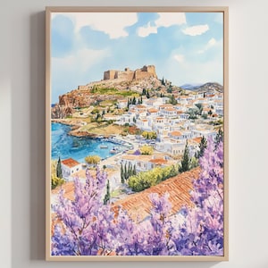 Lindos Rhodes Greece Watercolor Travel Poster Print Greek Wall Hanging Home & Office Décor Greece Art Lovers Gift Lindos Greece Art Print