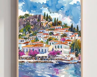 Hydra Island Greece Watercolor Print: Travel Art Poster