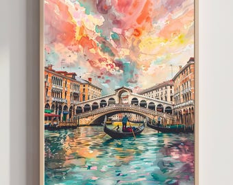 Acuarela del Puente de Rialto, Venecia, Italia: Impresión artística de viaje
