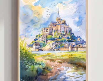 モンサンミッシェル フランス 水彩画のオリジナルアートプリント
