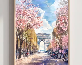 Champs-Elysees Paris Watercolor Print: France Art Travel Poster
