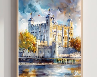 Torre de Londres en Londres, Inglaterra: acuarela: póster de arte de viaje del Reino Unido