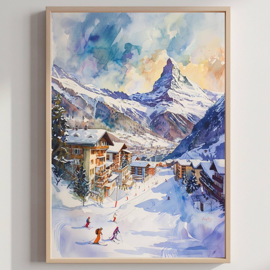 Zermatt Ski Resort Switzerland Watercolor: Vacation Travel Art Poster ...