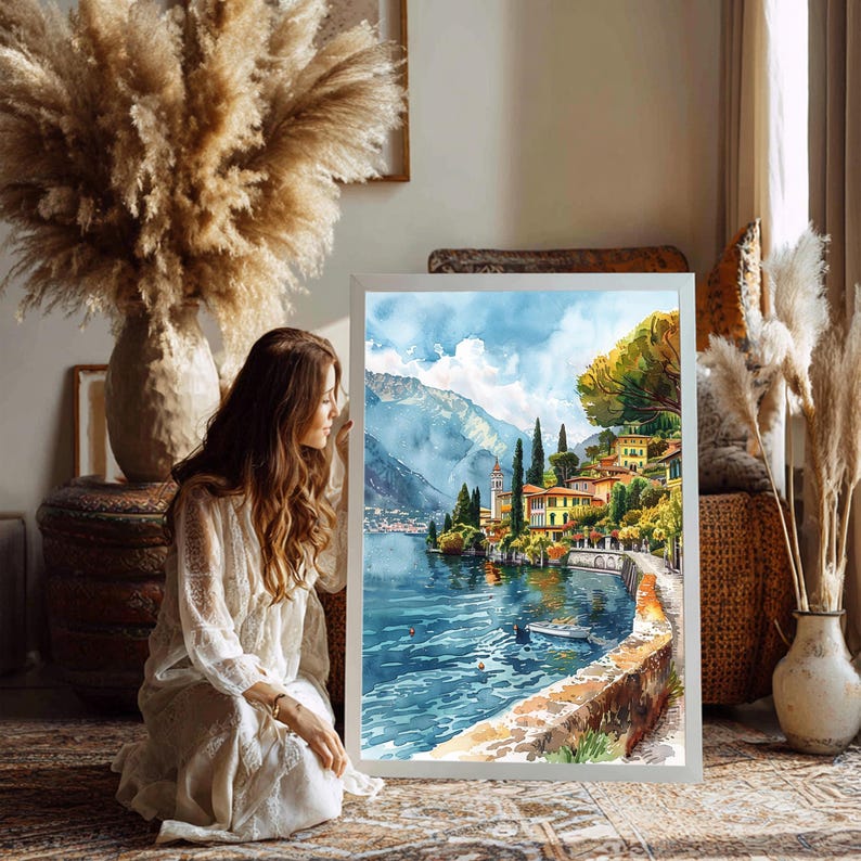 Lake Como Italy Watercolor Travel Print Italy Wall Hanging Décor European Italian Home & Office Poster  Art Lovers Gift Lake Como Italy Art. Immerse yourself in the beauty of Lake Como, Italy, Europe, with our meticulously crafted borderless wall art poster print. This watercolor illustration captures the essence of this iconic Italian  destination country, allowing you to relive cherished vacation travel memories every day. Perfect for home or office décor, or as a gift to an art lover.