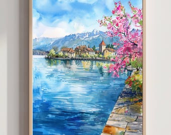 Lake Geneva Switzerland Europe Watercolor Print: Vacation Travel Art Poster
