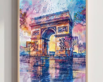 Arc de Triomphe Paris Watercolor: France Art Travel Poster