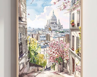 Acuarela de Montmartre París: Póster de viaje artístico de Francia