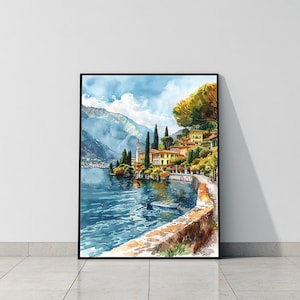 Lake Como Italy Watercolor Travel Print Italy Wall Hanging Décor European Italian Home & Office Poster  Art Lovers Gift Lake Como Italy Art. Immerse yourself in the beauty of Lake Como, Italy, Europe, with our meticulously crafted borderless wall art poster print. This watercolor illustration captures the essence of this iconic Italian  destination country, allowing you to relive cherished vacation travel memories every day. Perfect for home or office décor, or as a gift to an art lover.