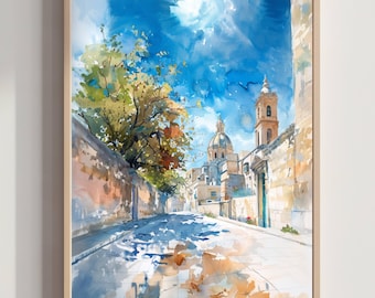 Acuarela de Mdina, Malta, Europa: Póster de arte de viaje