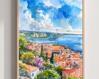 Portugal, Europa. Acuarela: Póster artístico de viajes y vacaciones.