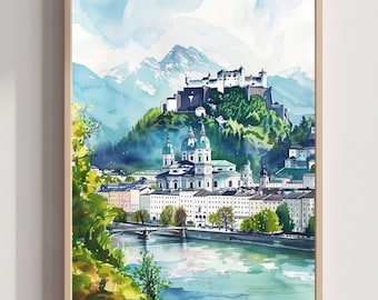 May include: Watercolor painting of a European city with a river, bridge, and buildings. The artwork features a castle on a hill, mountains in the background, and a light brown wooden frame. The color palette includes shades of blue, green, and white.