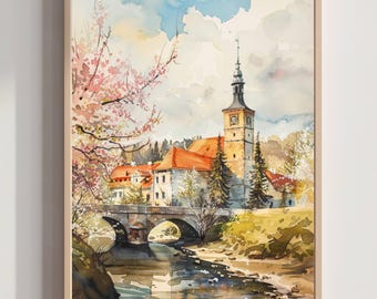 Czech Republic Europe Watercolor Print: European Travel Art Poster