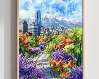 Santiago Chile South America Watercolor: Travel Art Poster
