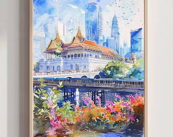 Bangkok Thailand Asia Watercolor: Asian Travel Art Poster