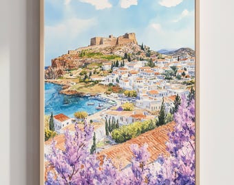 Lindos Rhodes Greece Europe Watercolor: Travel Poster