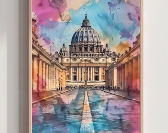 Impression aquarelle Basilique Saint-Pierre : affiche de voyage de la Cité du Vatican