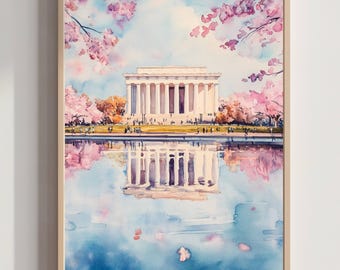 The Lincoln Memorial Washington DC USA Watercolor Print: Travel Poster