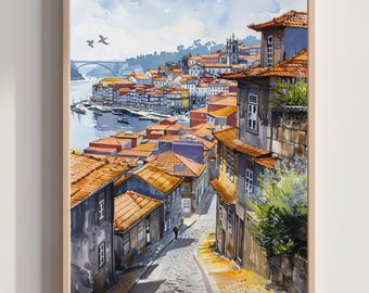 Porto, Portugal, Europa. Acuarela: Póster artístico de viajes y vacaciones.